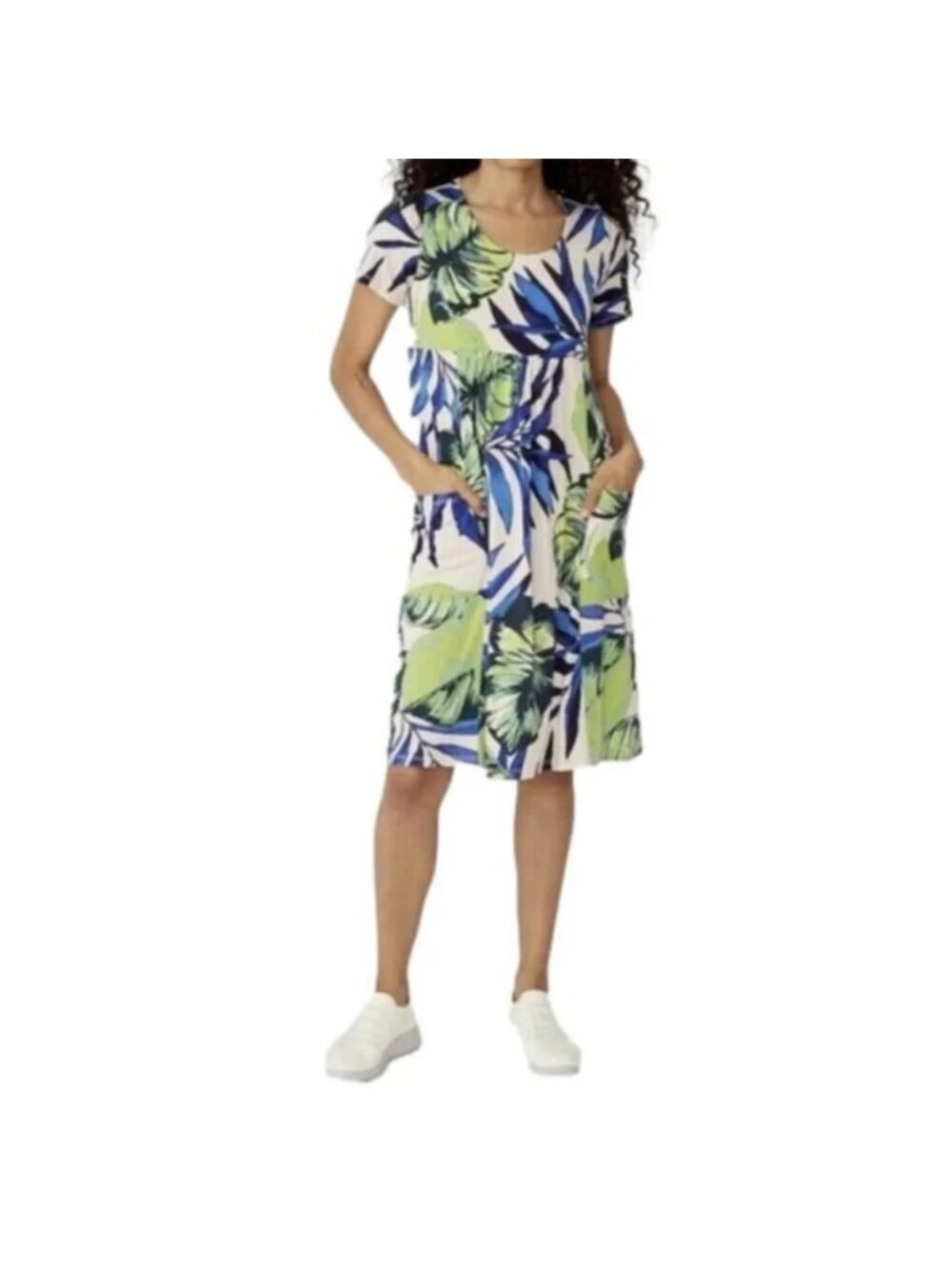 NEW Marallis Tropical Floral Dress White Green Blue Relaxed Fit - Large